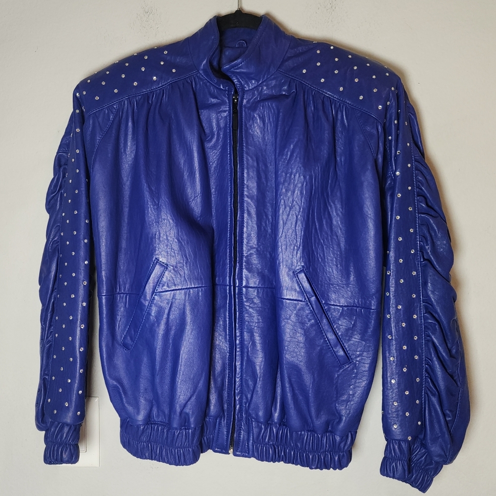 Vintage Leather Stud Rhinestone Structured Shoulder‎ Bomber Jacket Purple Blue